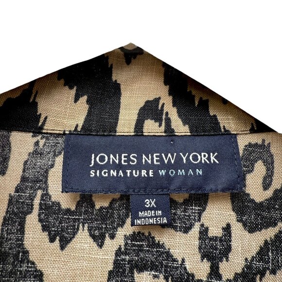 JONES NY Linen Top Plus Size 3X Black Tan Ikat Womens Tunic - Picture 3 of 10